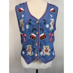 Vintage 80s Christmas Bear Embroidered Denim Vest | Whimsy Grandmacore | Size M